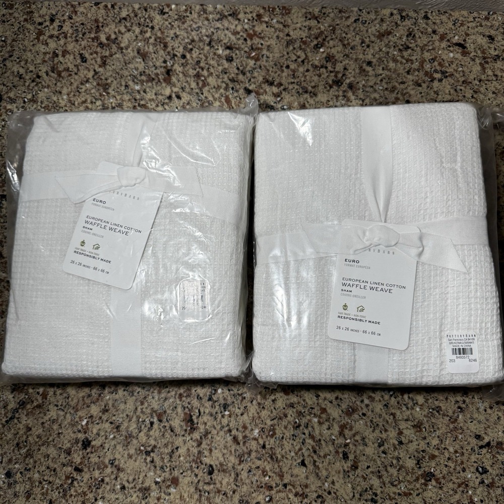 Set Of 2 NWT POTTERY BARN European Linen Cotton Waffle Weave Shams EURO White